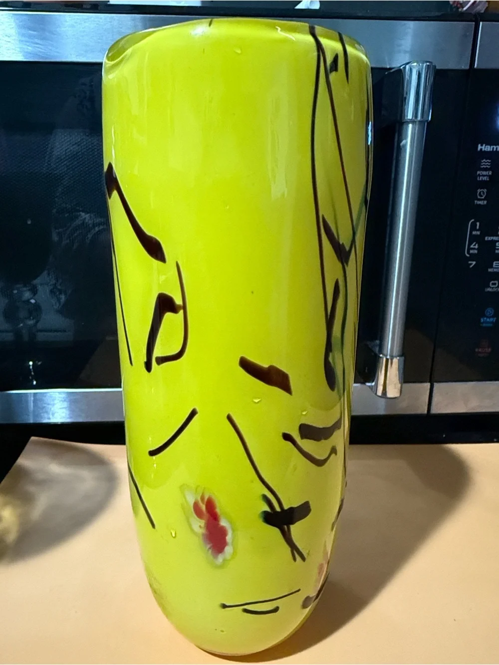 Yellow Abstract Glass Vase. 9”x3”
